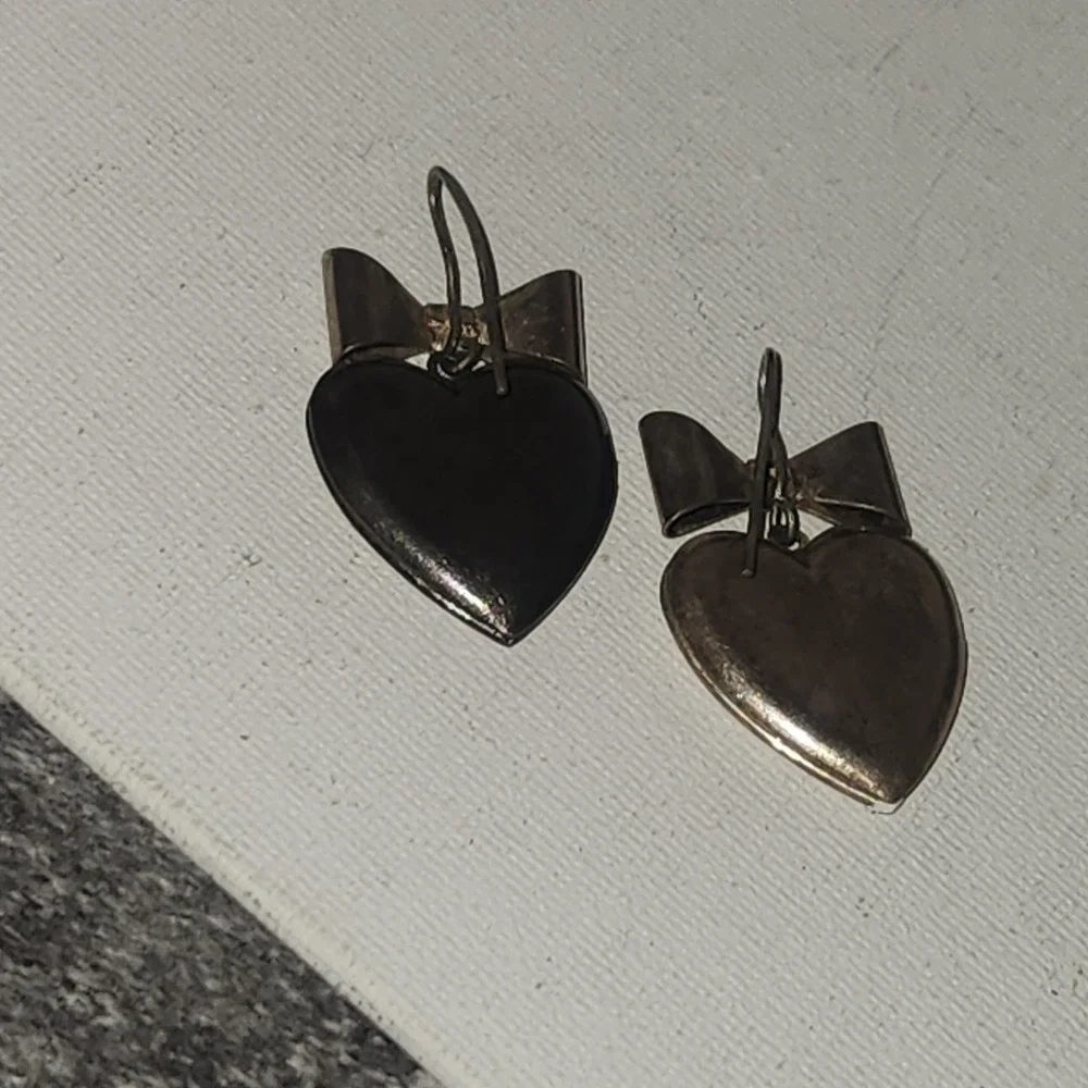 Vintage Heart Locket Earrings Engraved‎ Bow Drop Silver Tone Romantic Jewelry